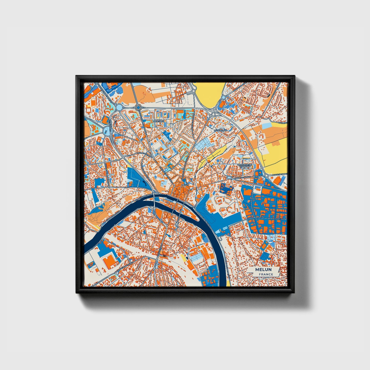 Melun France Colorful City Map Canvas Print • Black Framed