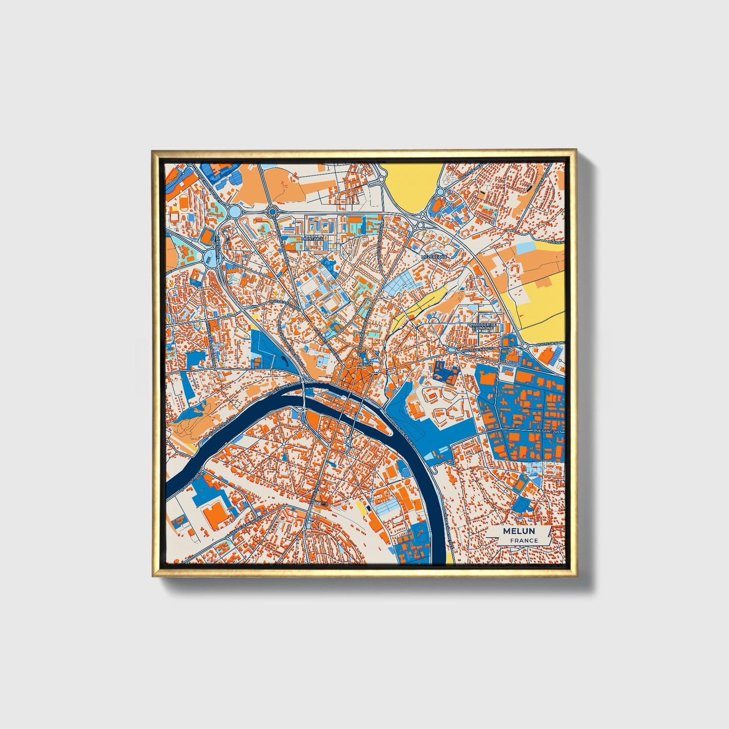 Melun France Colorful City Map Canvas Print • Gold Framed