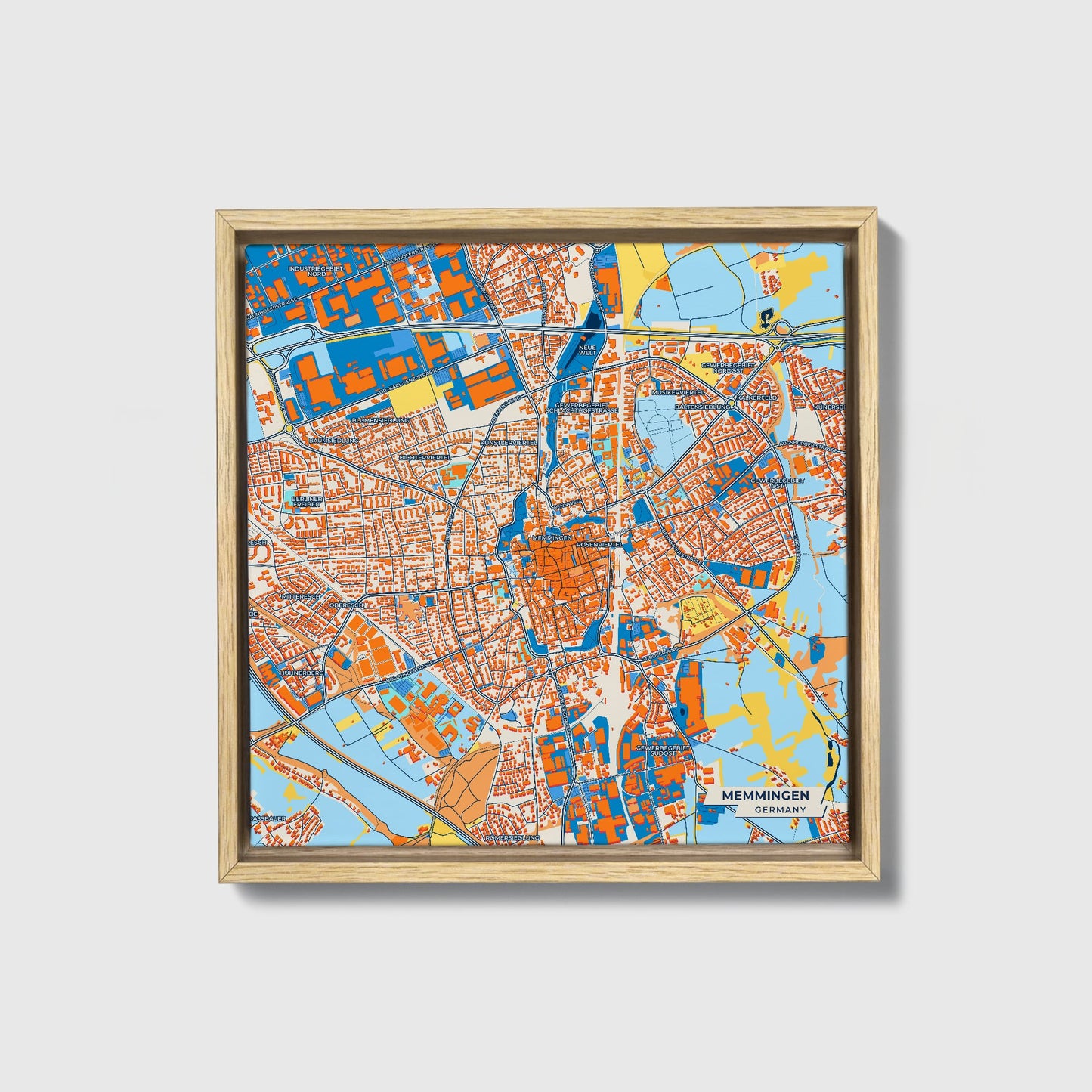 Memmingen Germany Colorful City Map Canvas Print • Natural Wooden Framed