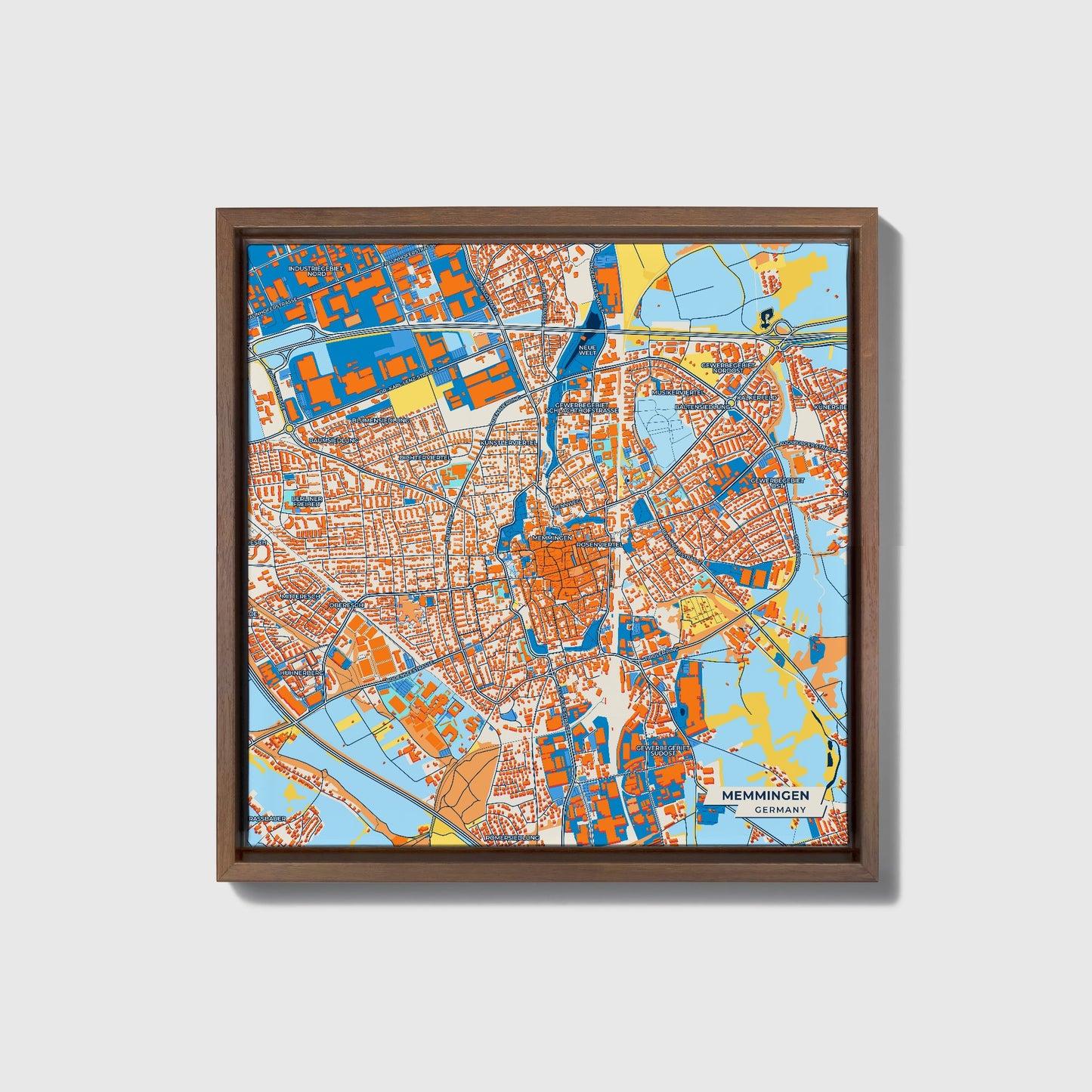 Memmingen Germany Colorful City Map Canvas Print • Dark Wooden Framed