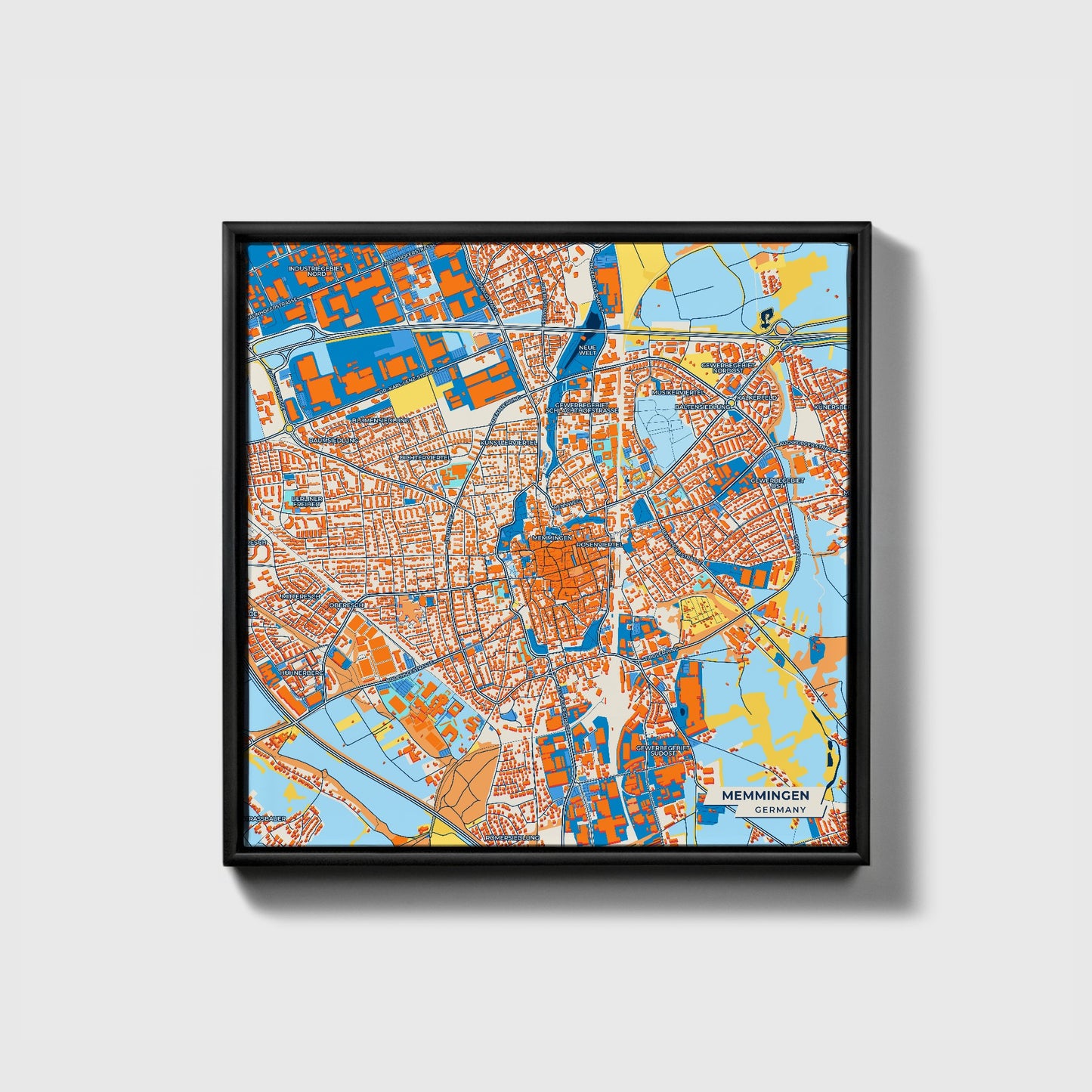 Memmingen Germany Colorful City Map Canvas Print • Black Framed