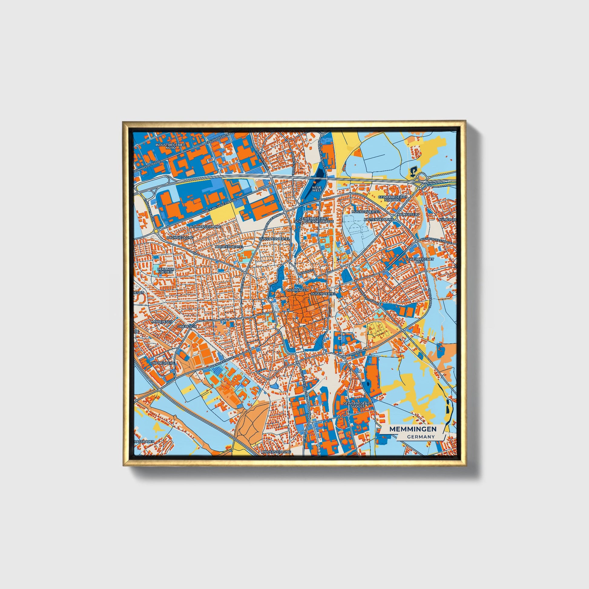 Memmingen Germany Colorful City Map Canvas Print • Gold Framed