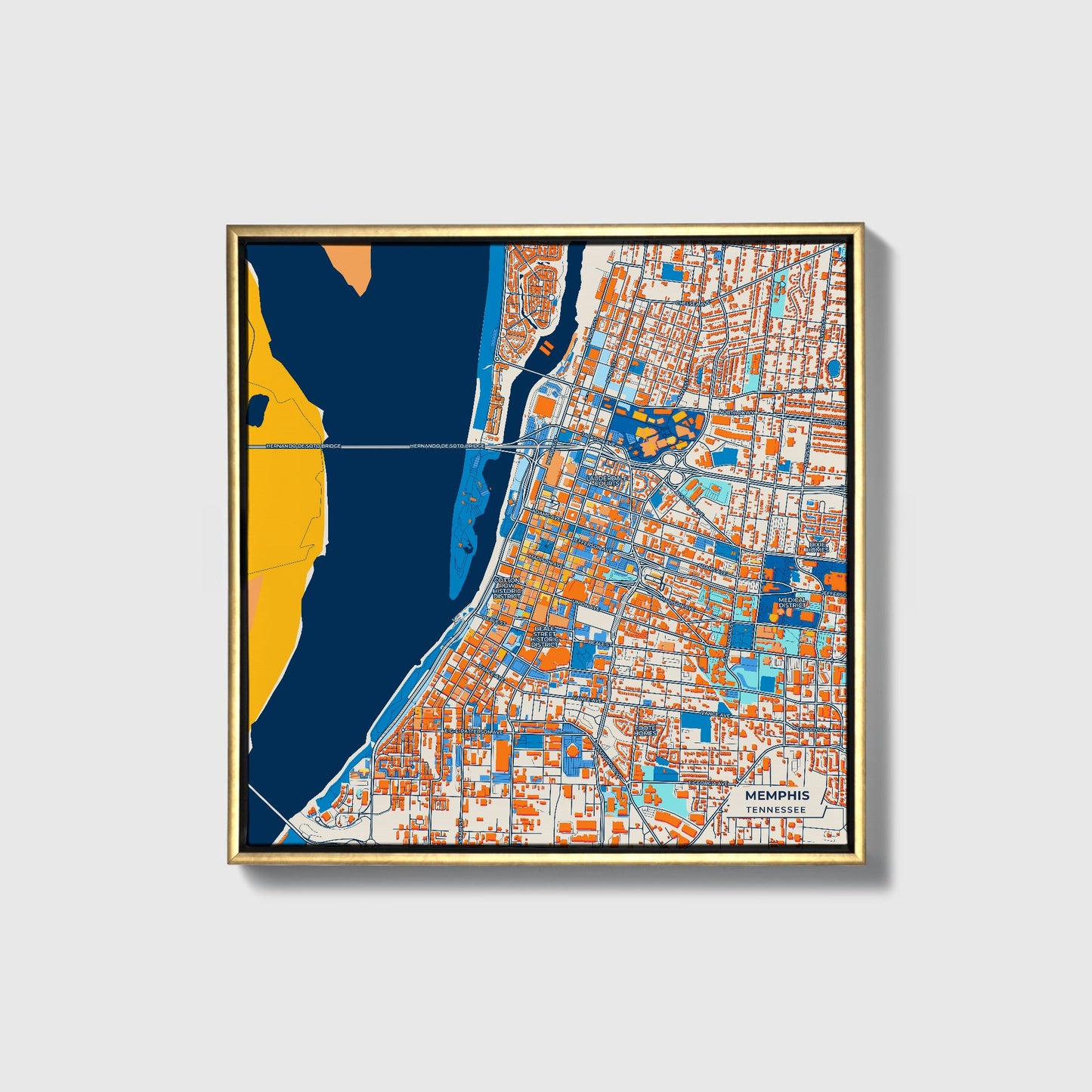 Memphis Tennessee Colorful City Map Canvas Print • Gold Framed