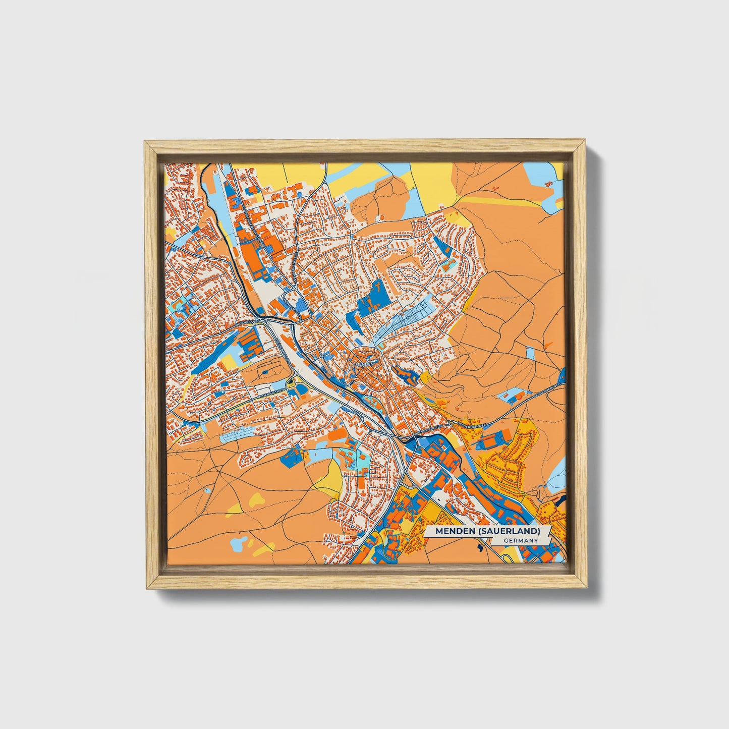 Menden (Sauerland) Germany Colorful City Map Canvas Print • Natural Wooden Framed