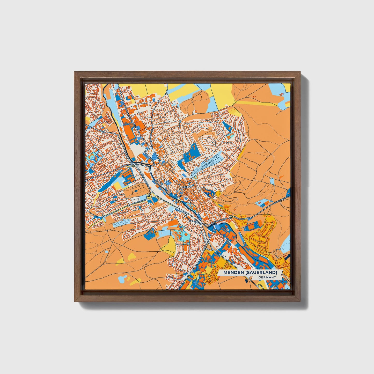 Menden (Sauerland) Germany Colorful City Map Canvas Print • Dark Wooden Framed