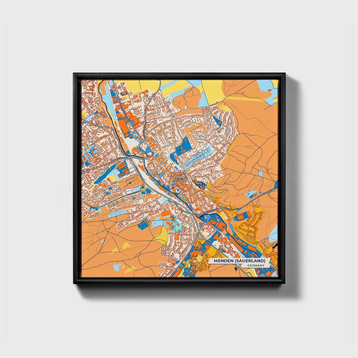 Menden (Sauerland) Germany Colorful City Map Canvas Print • Black Framed