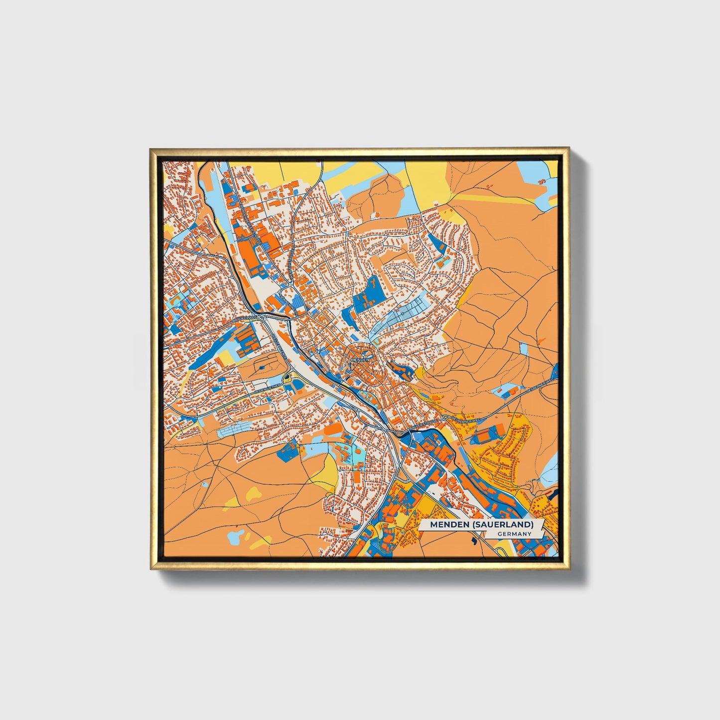 Menden (Sauerland) Germany Colorful City Map Canvas Print • Gold Framed