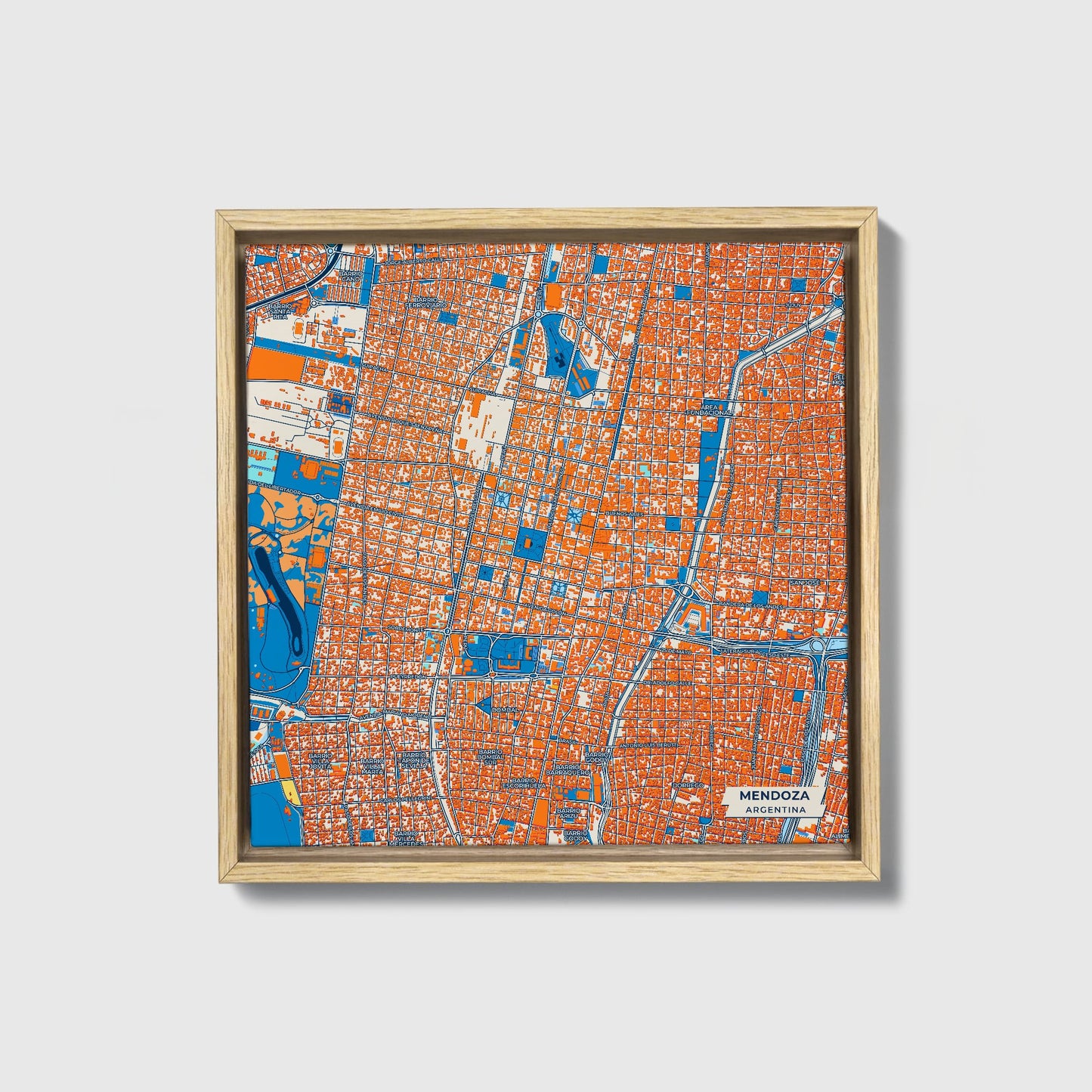 Mendoza Argentina Colorful City Map Canvas Print • Natural Wooden Framed