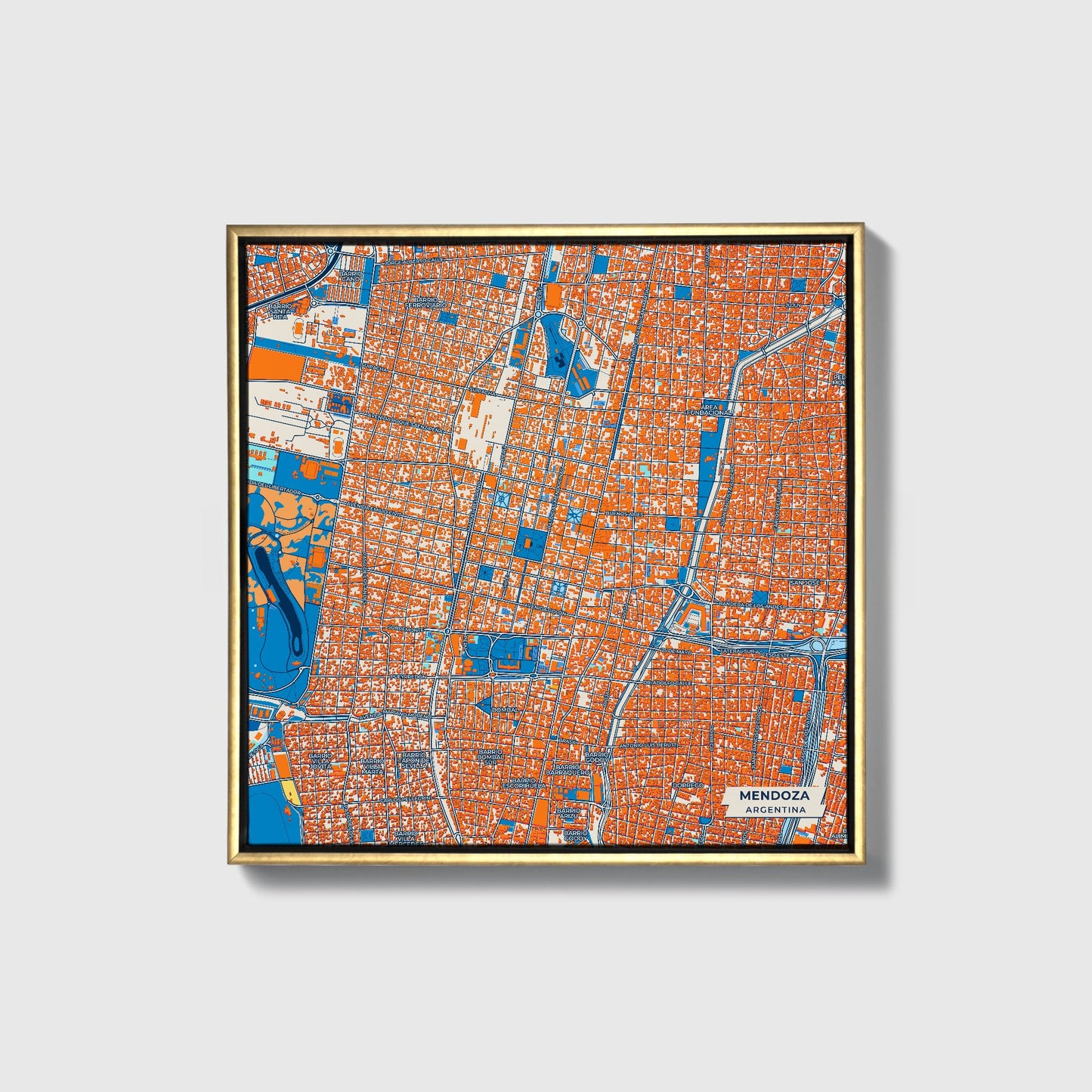 Mendoza Argentina Colorful City Map Canvas Print • Gold Framed
