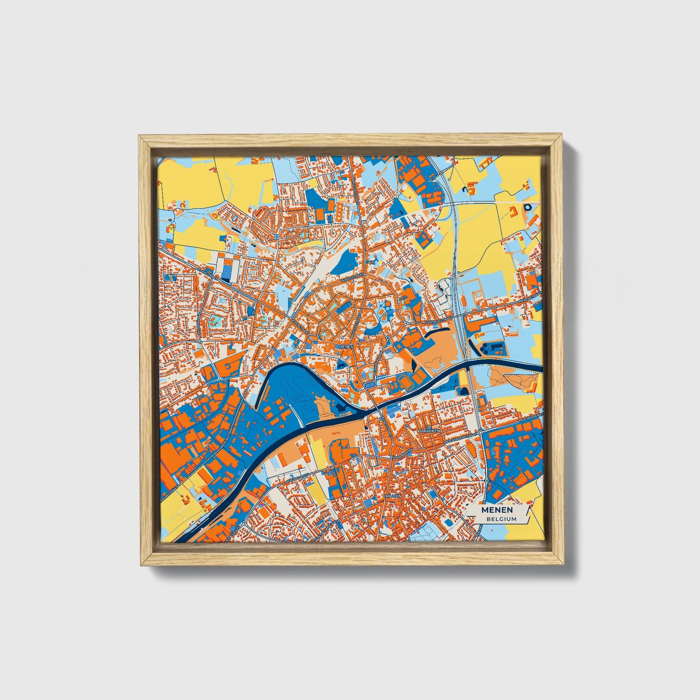Menen  Belgium Colorful City Map Canvas Print • Natural Wooden Framed