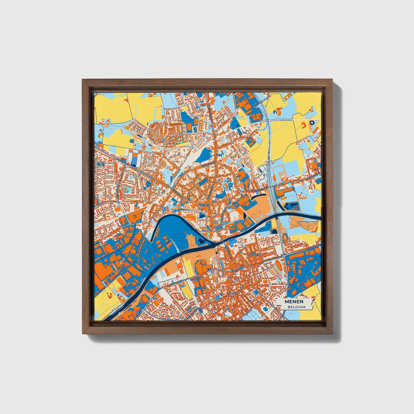 Menen  Belgium Colorful City Map Canvas Print • Dark Wooden Framed