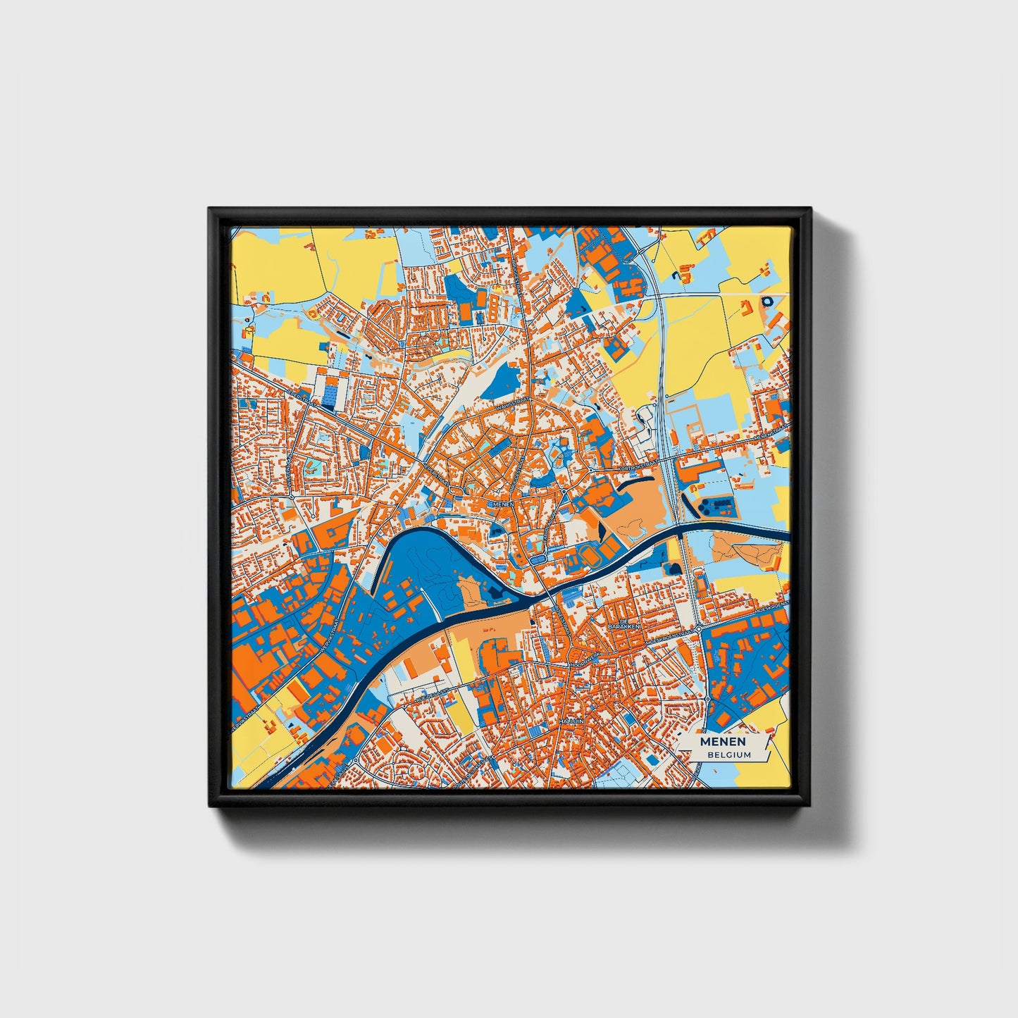 Menen  Belgium Colorful City Map Canvas Print • Black Framed