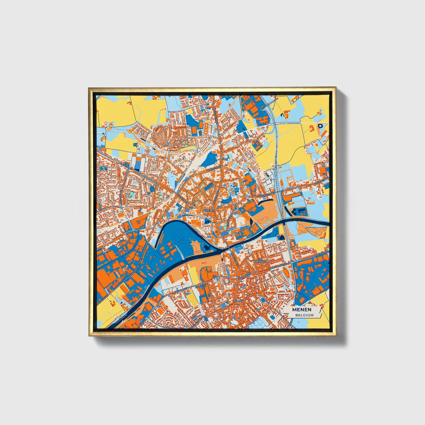Menen  Belgium Colorful City Map Canvas Print • Gold Framed