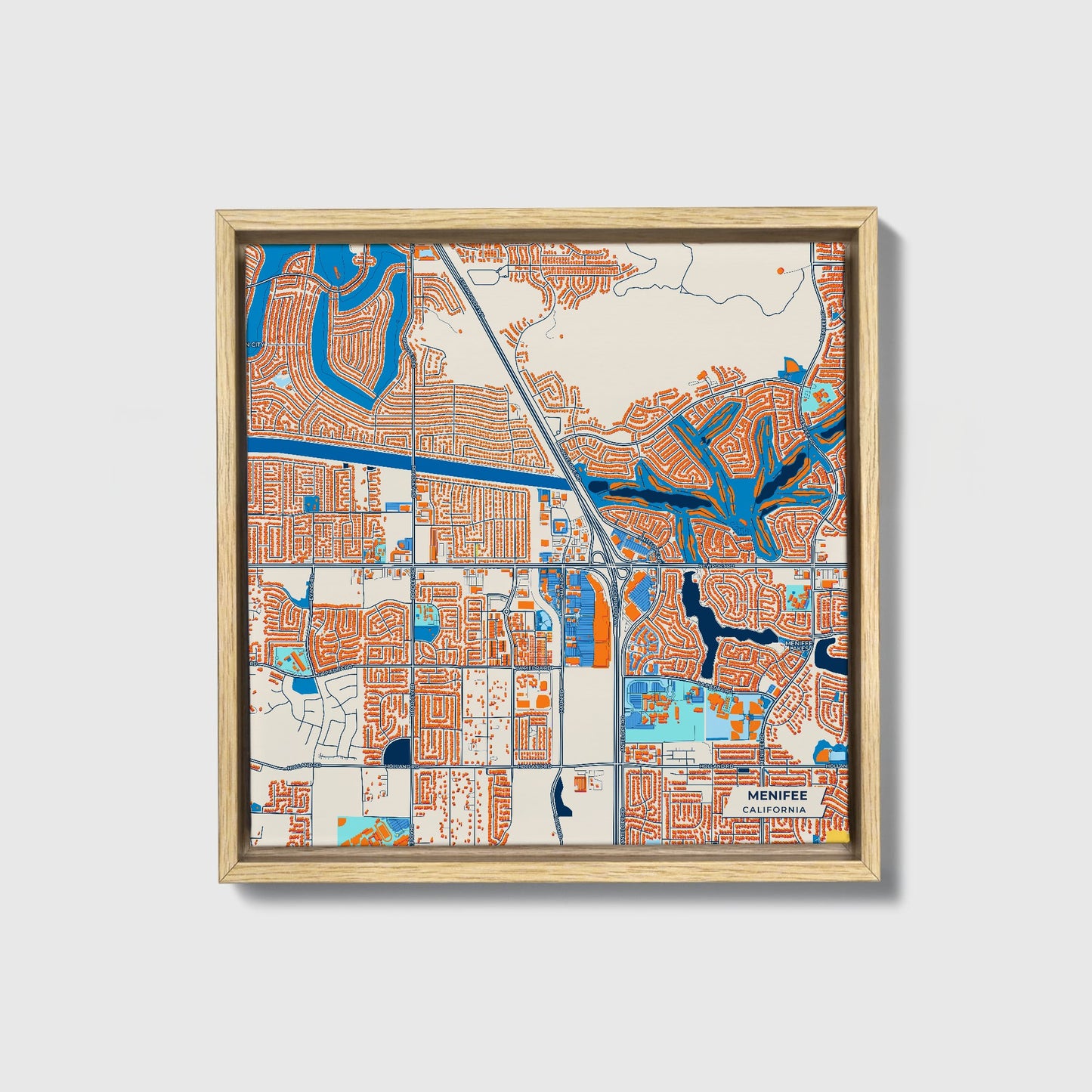 Menifee California Colorful City Map Canvas Print • Natural Wooden Framed