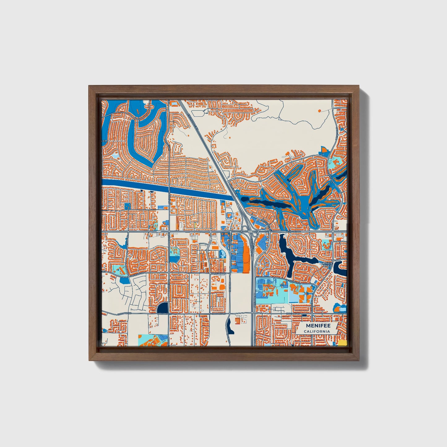Menifee California Colorful City Map Canvas Print • Dark Wooden Framed