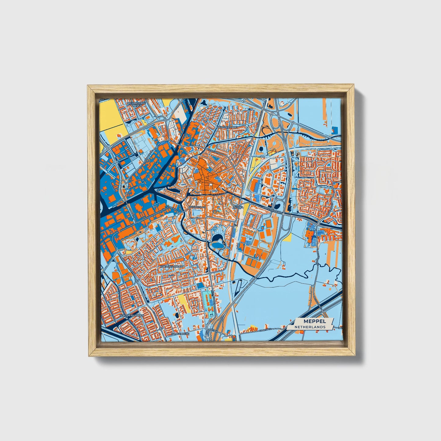 Meppel Netherlands Colorful City Map Canvas Print • Natural Wooden Framed
