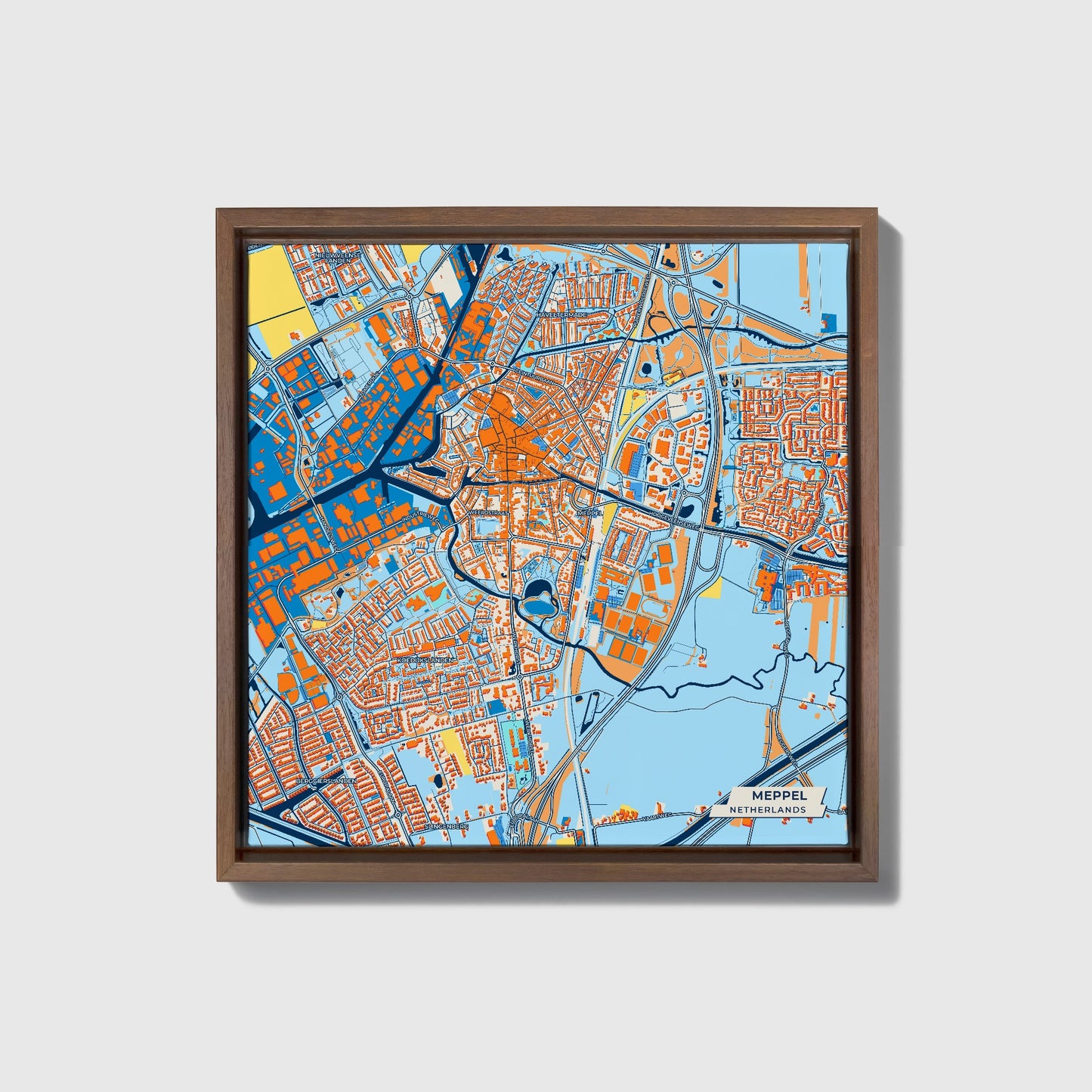 Meppel Netherlands Colorful City Map Canvas Print • Dark Wooden Framed