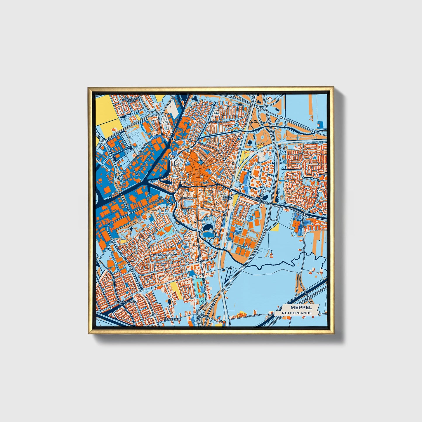 Meppel Netherlands Colorful City Map Canvas Print • Gold Framed