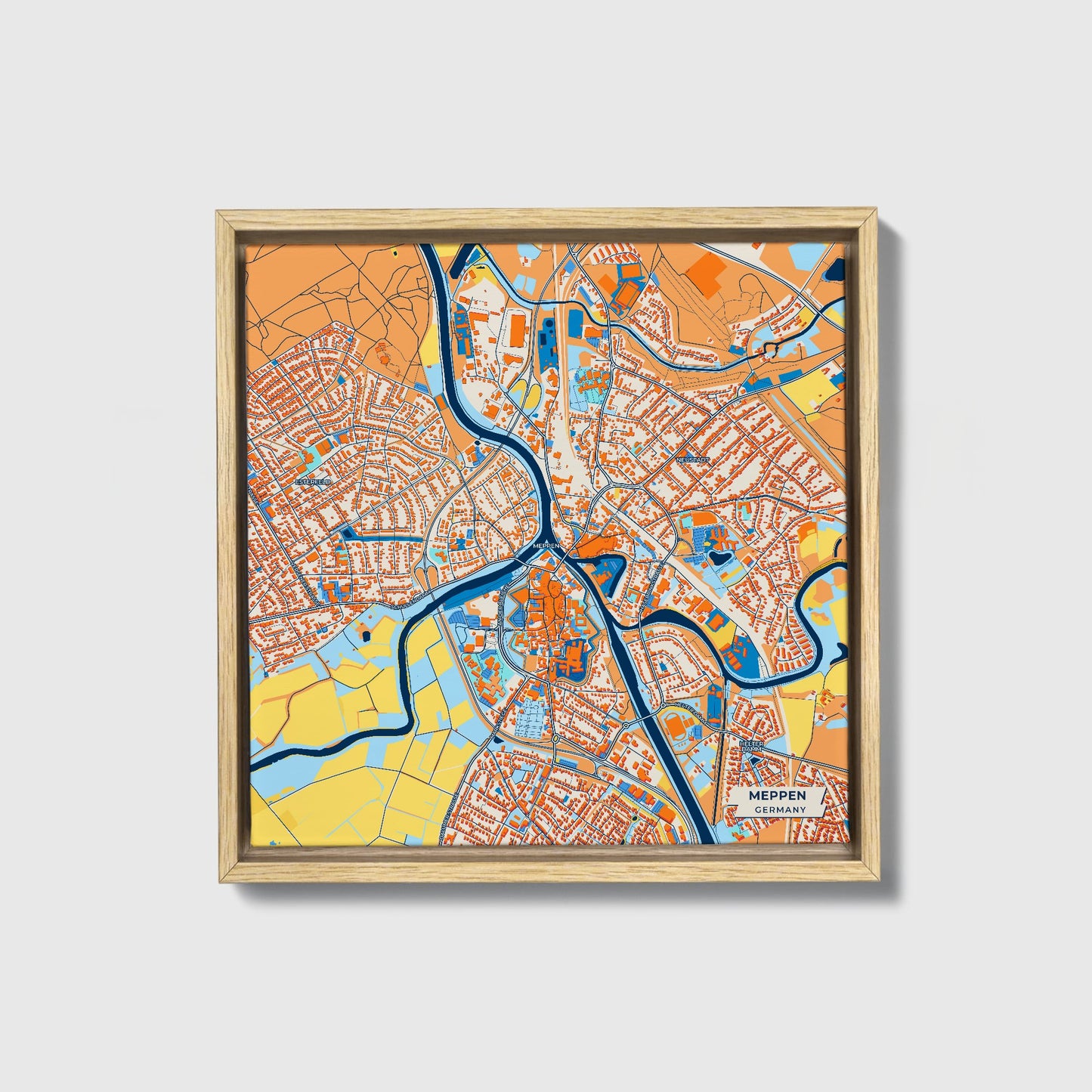 Meppen Germany Colorful City Map Canvas Print • Natural Wooden Framed