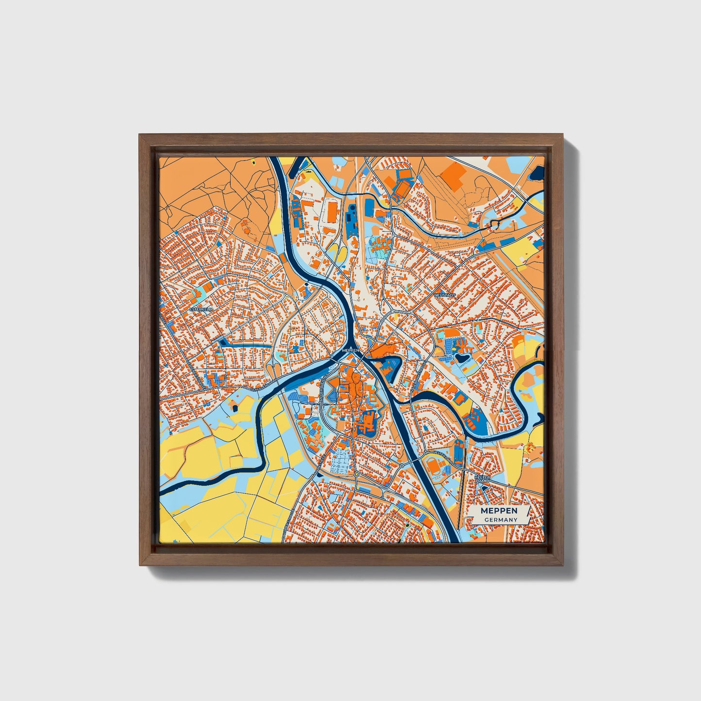 Meppen Germany Colorful City Map Canvas Print • Dark Wooden Framed