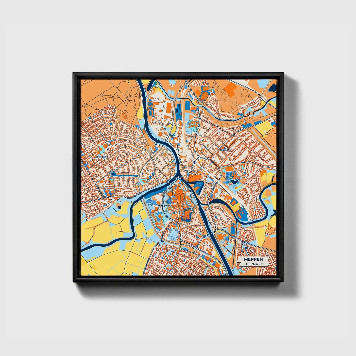 Meppen Germany Colorful City Map Canvas Print • Black Framed