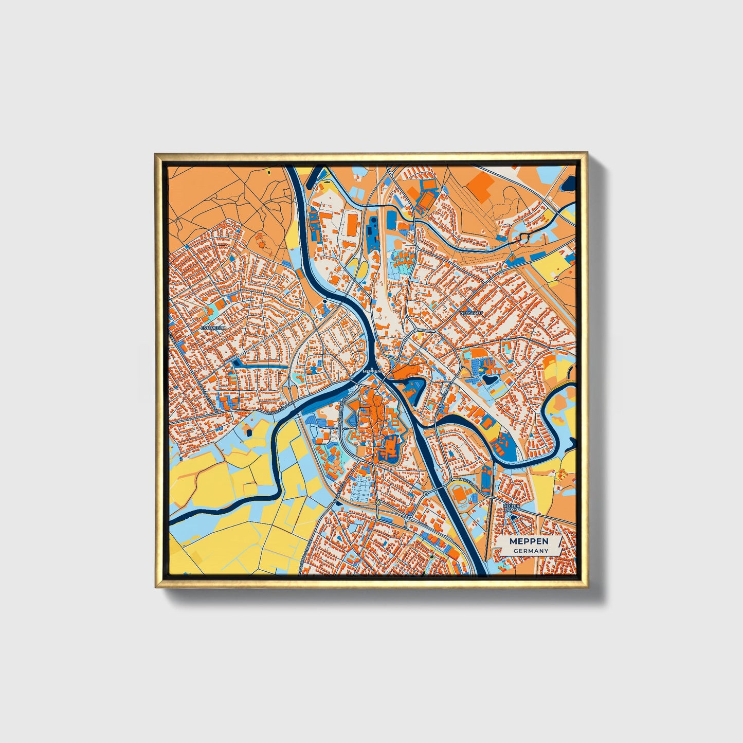 Meppen Germany Colorful City Map Canvas Print • Gold Framed