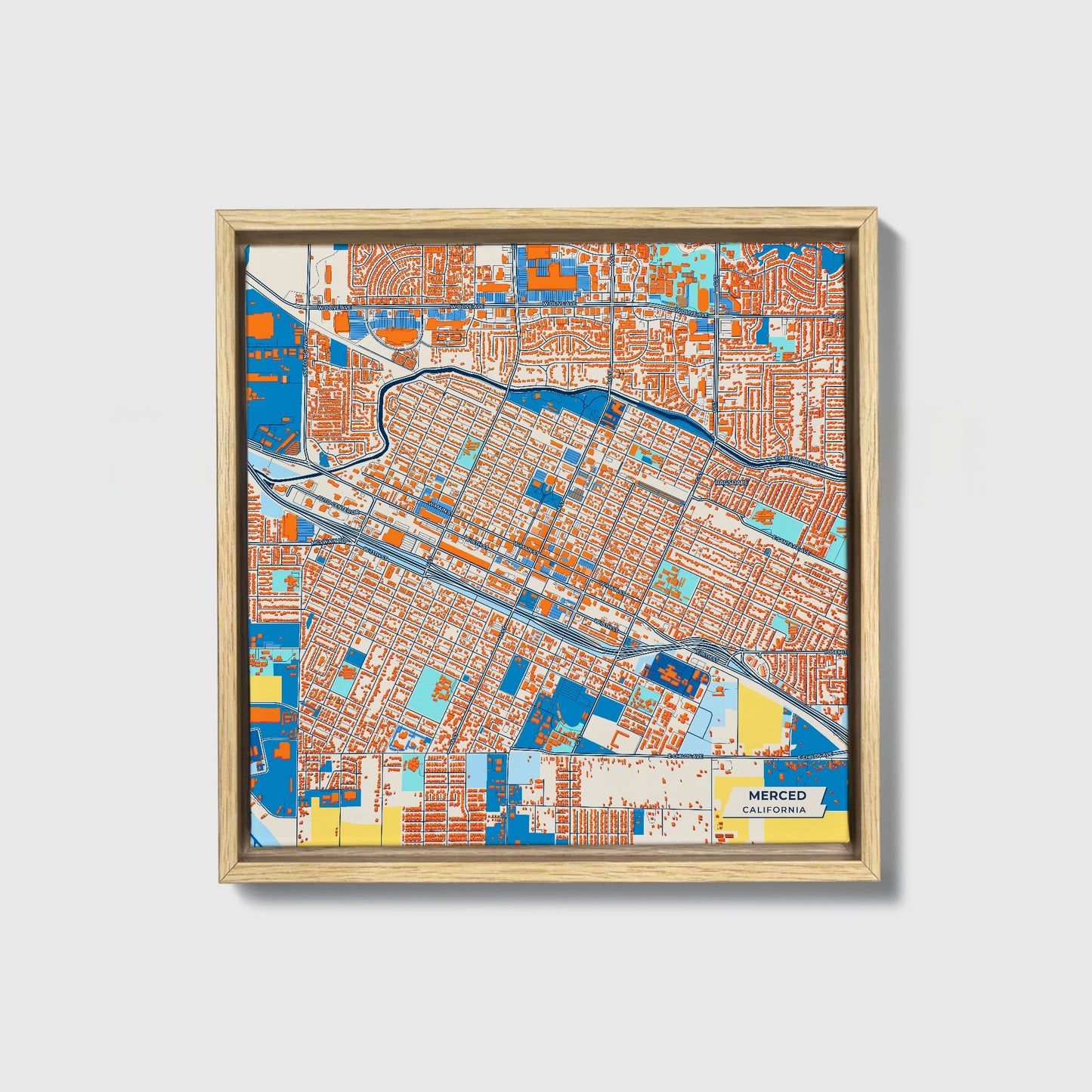 Merced California Colorful City Map Canvas Print • Natural Wooden Framed