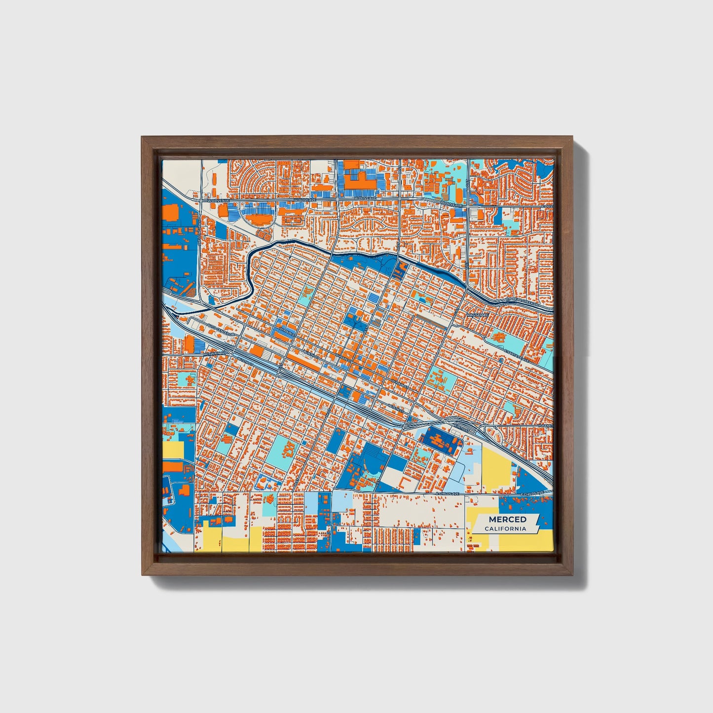 Merced California Colorful City Map Canvas Print • Dark Wooden Framed