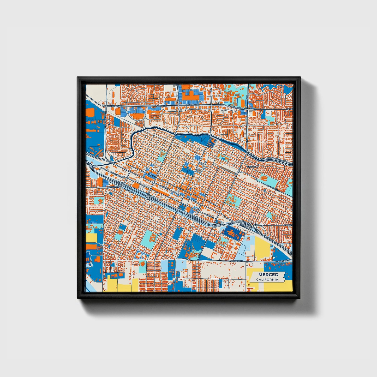 Merced California Colorful City Map Canvas Print • Black Framed