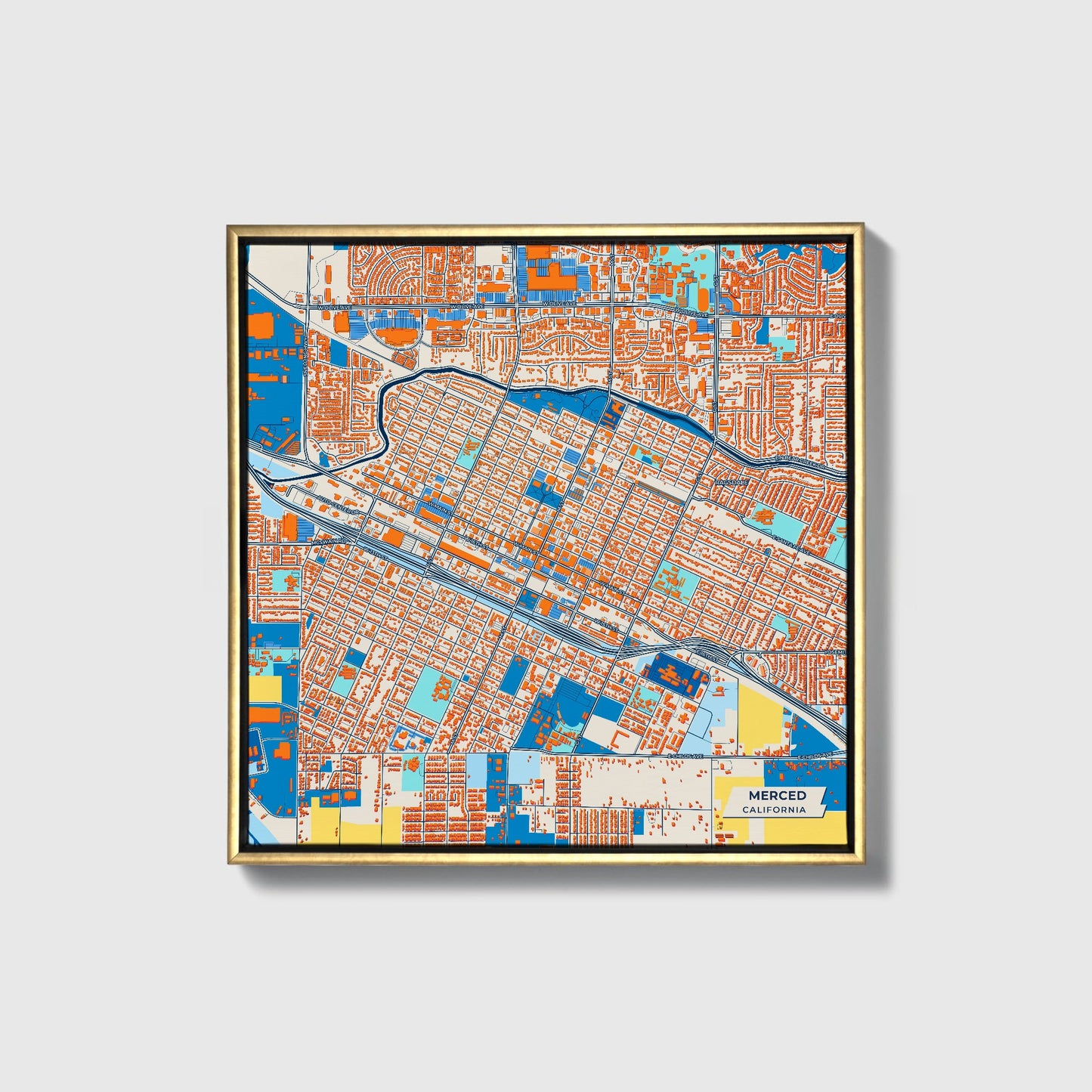 Merced California Colorful City Map Canvas Print • Gold Framed