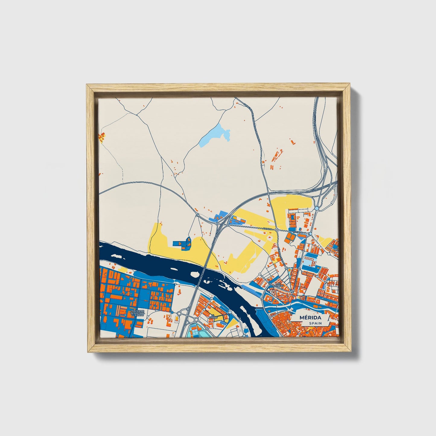 Mérida Spain Colorful City Map Canvas Print • Natural Wooden Framed