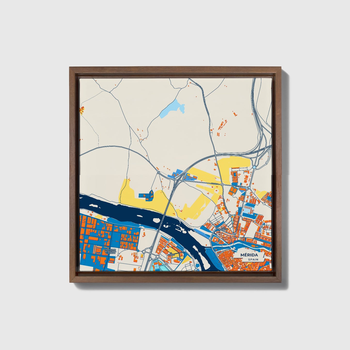 Mérida Spain Colorful City Map Canvas Print • Dark Wooden Framed