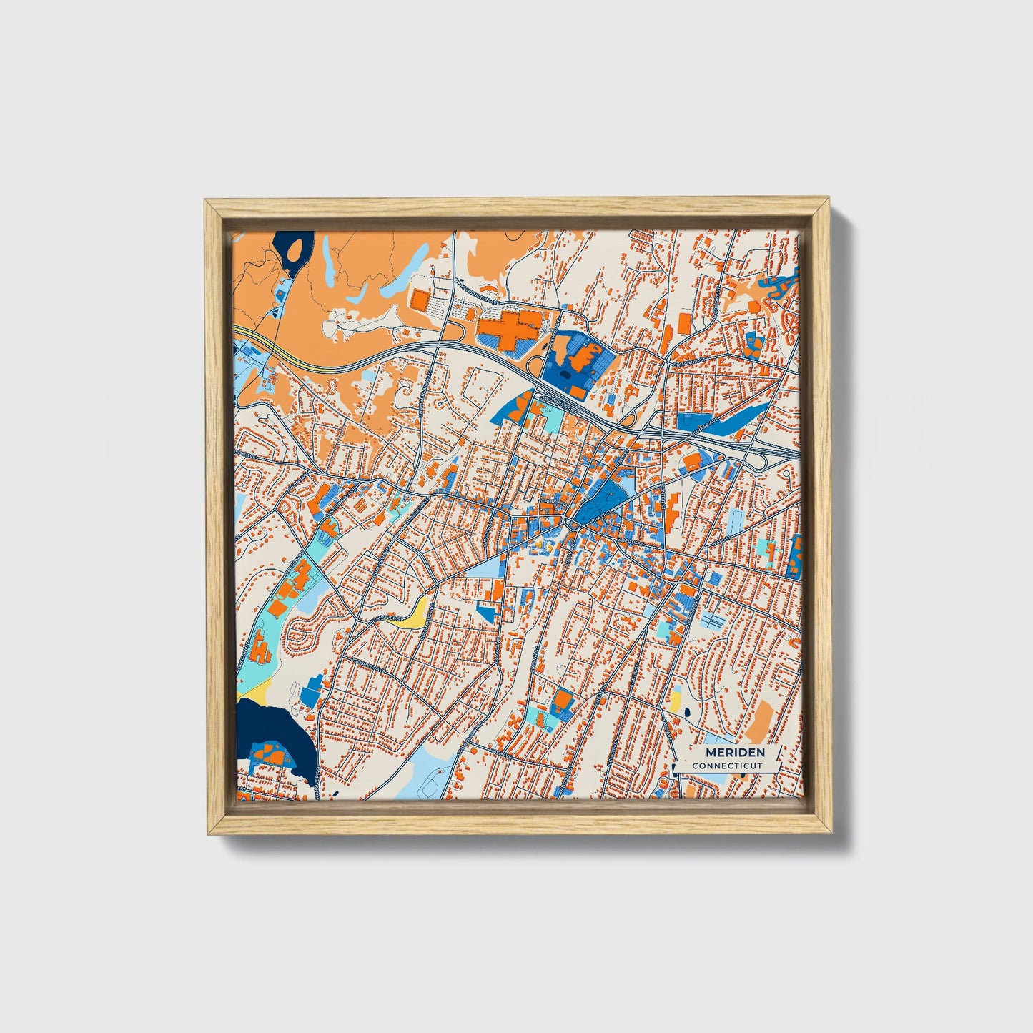 Meriden Connecticut Colorful City Map Canvas Print • Natural Wooden Framed