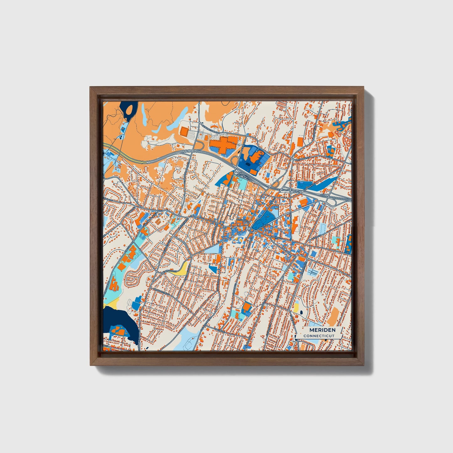 Meriden Connecticut Colorful City Map Canvas Print • Dark Wooden Framed