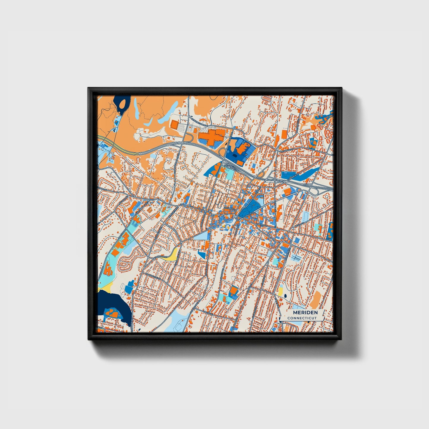 Meriden Connecticut Colorful City Map Canvas Print • Black Framed