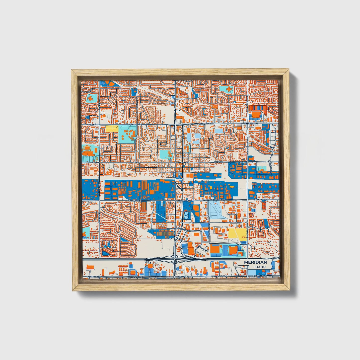 Meridian Idaho Colorful City Map Canvas Print • Natural Wooden Framed