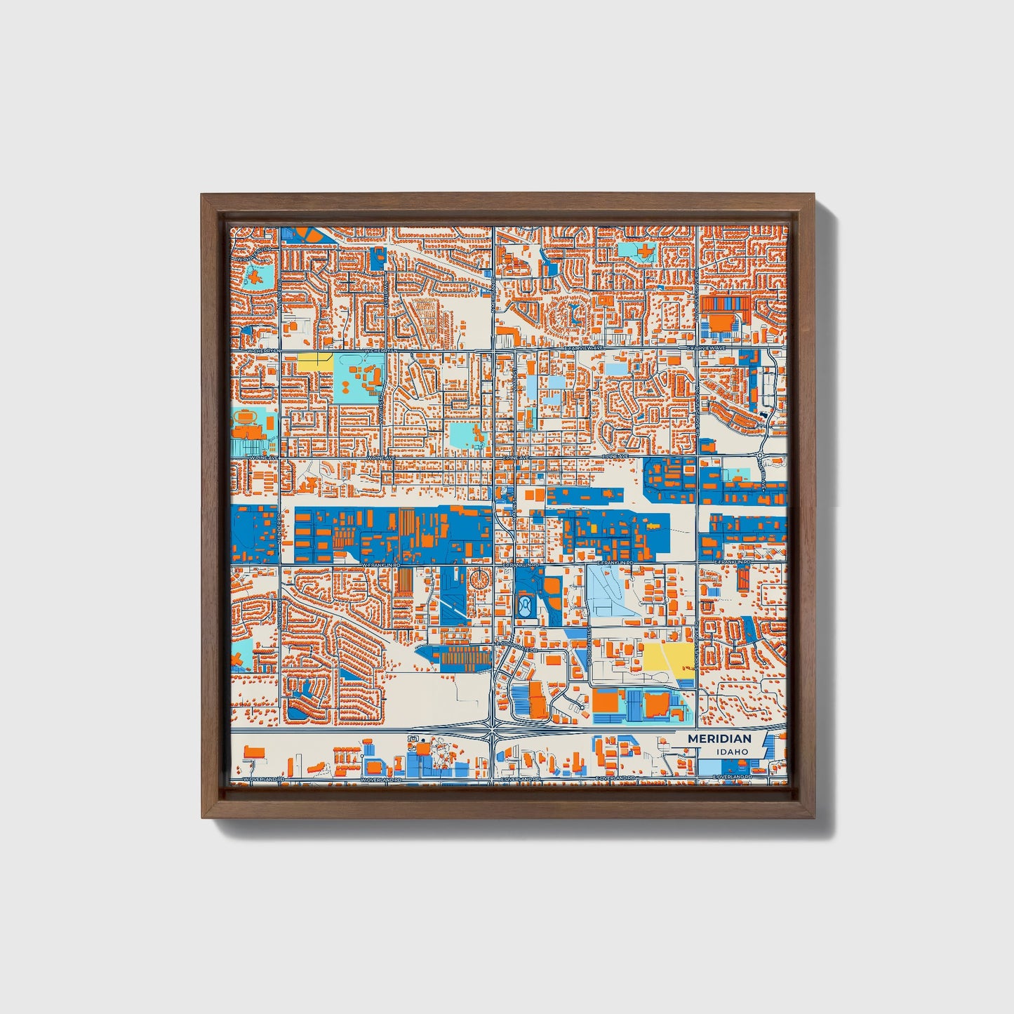 Meridian Idaho Colorful City Map Canvas Print • Dark Wooden Framed