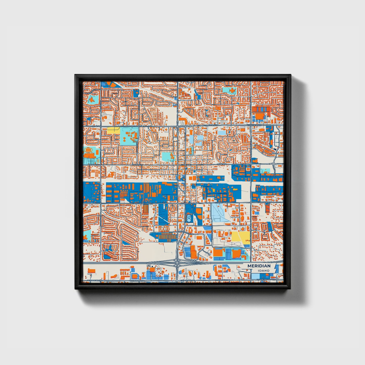 Meridian Idaho Colorful City Map Canvas Print • Black Framed