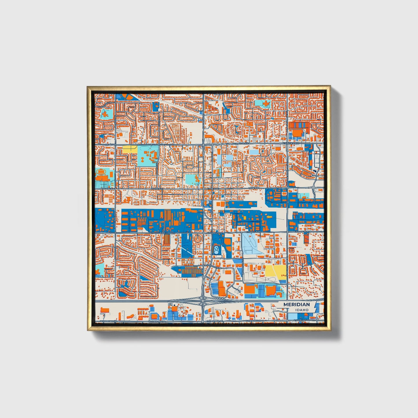 Meridian Idaho Colorful City Map Canvas Print • Gold Framed