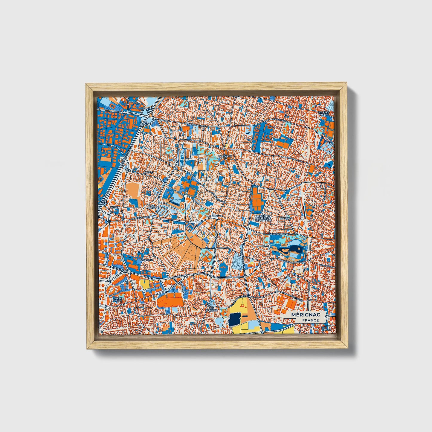Mérignac France Colorful City Map Canvas Print • Natural Wooden Framed
