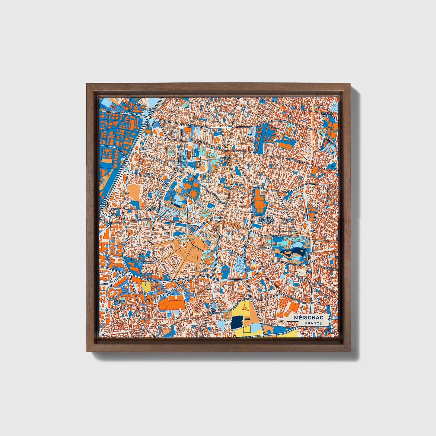 Mérignac France Colorful City Map Canvas Print • Dark Wooden Framed
