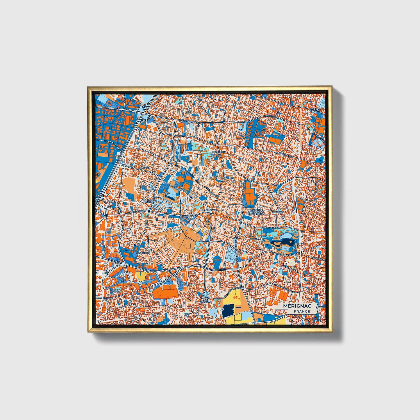 Mérignac France Colorful City Map Canvas Print • Gold Framed