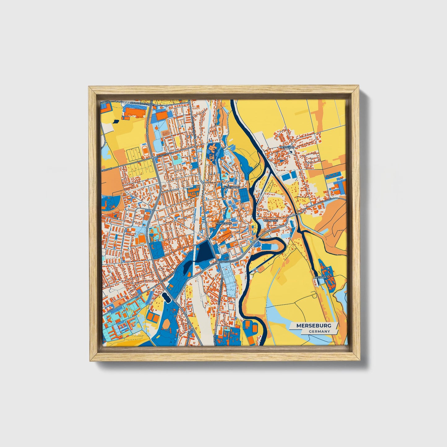 Merseburg Germany Colorful City Map Canvas Print • Natural Wooden Framed