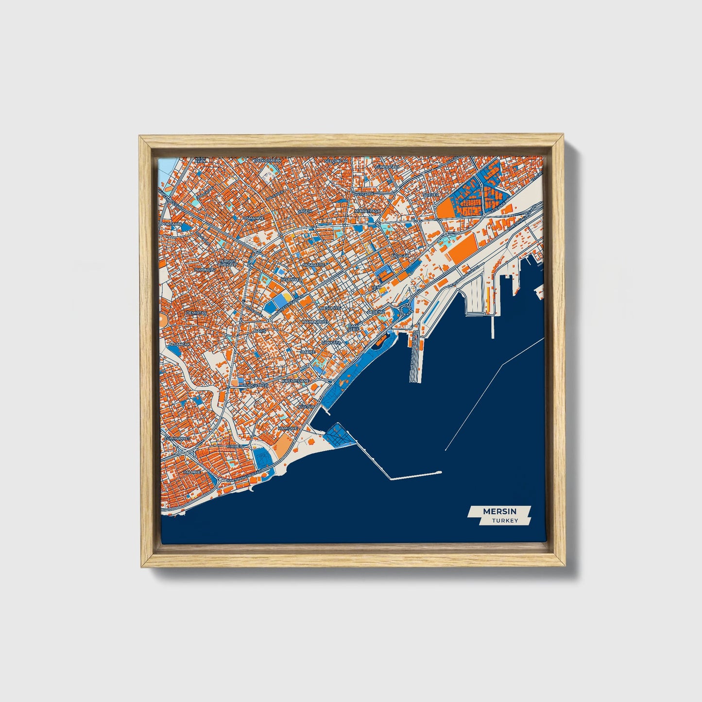 Mersi̇n Turkey Colorful City Map Canvas Print • Natural Wooden Framed