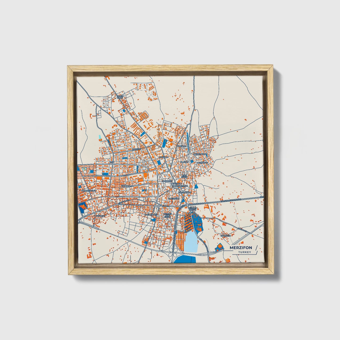 Merzifon Turkey Colorful City Map Canvas Print • Natural Wooden Framed