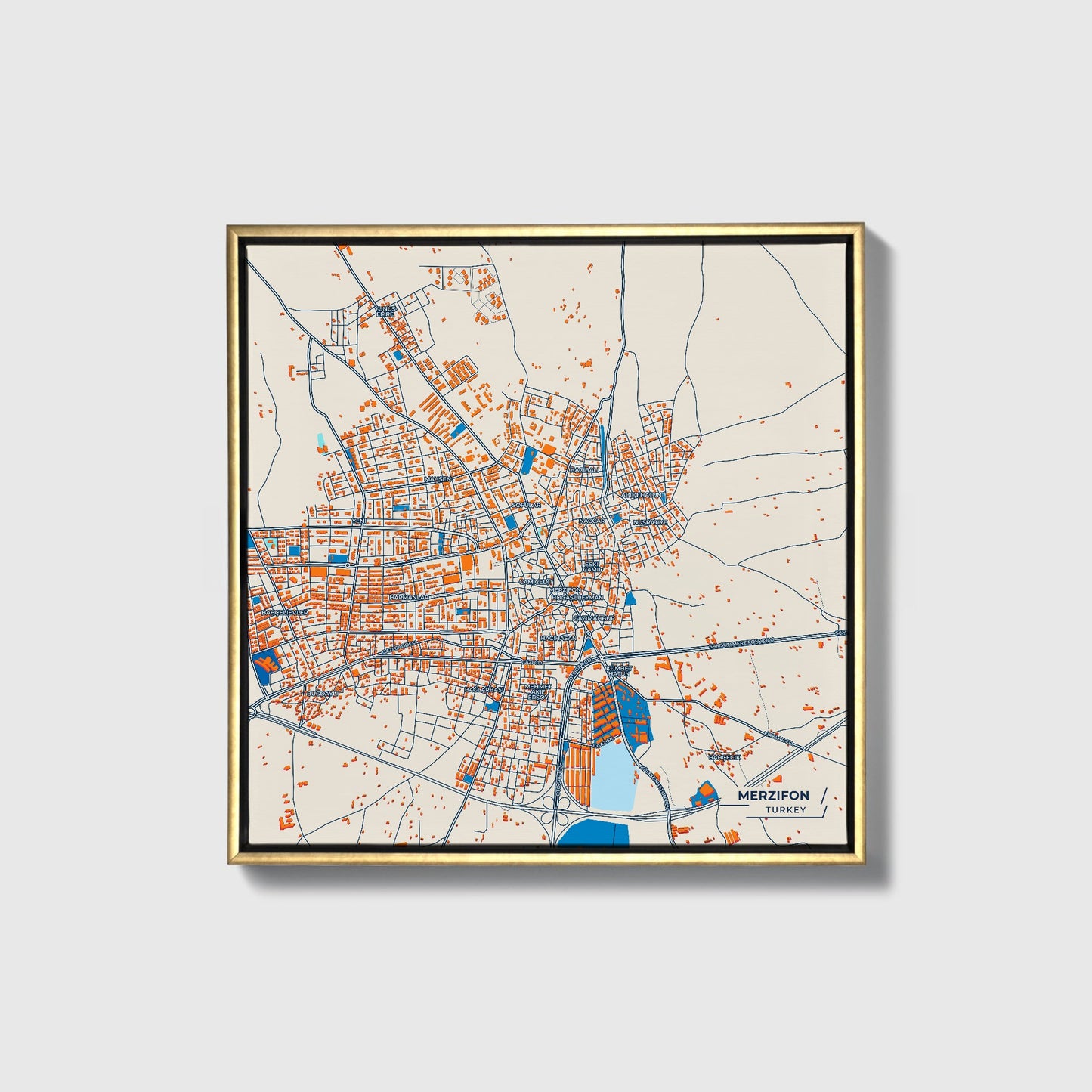 Merzifon Turkey Colorful City Map Canvas Print • Gold Framed
