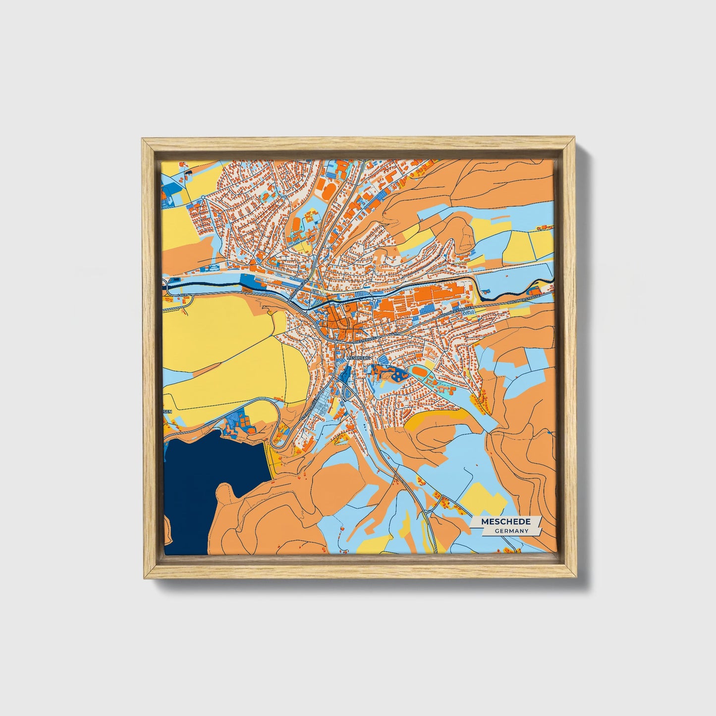 Meschede Germany Colorful City Map Canvas Print • Natural Wooden Framed