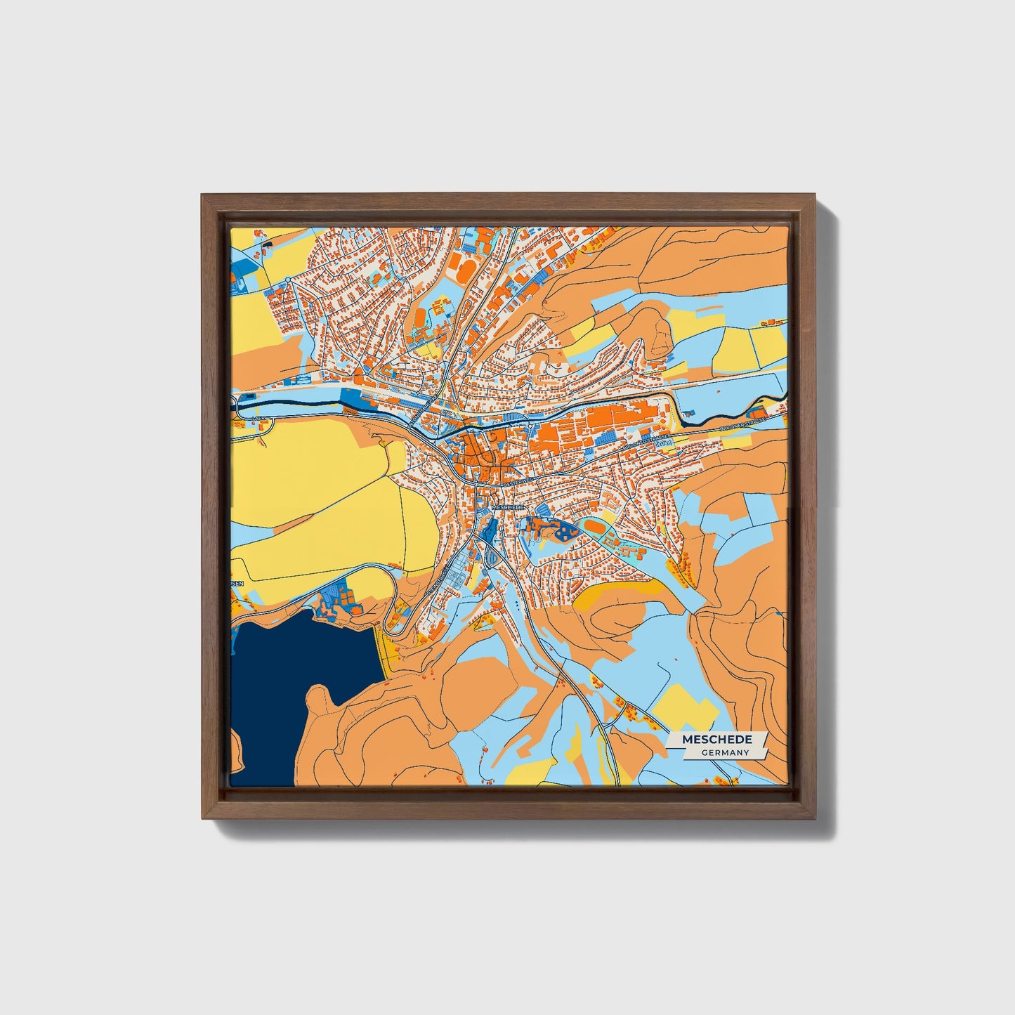Meschede Germany Colorful City Map Canvas Print • Dark Wooden Framed