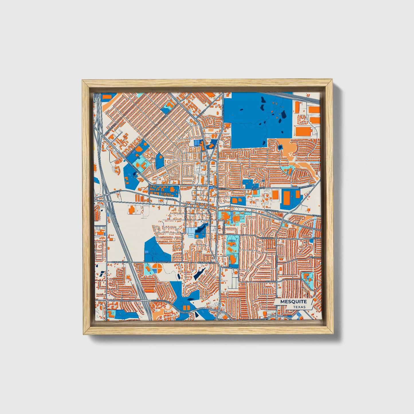 Mesquite Texas Colorful City Map Canvas Print • Natural Wooden Framed