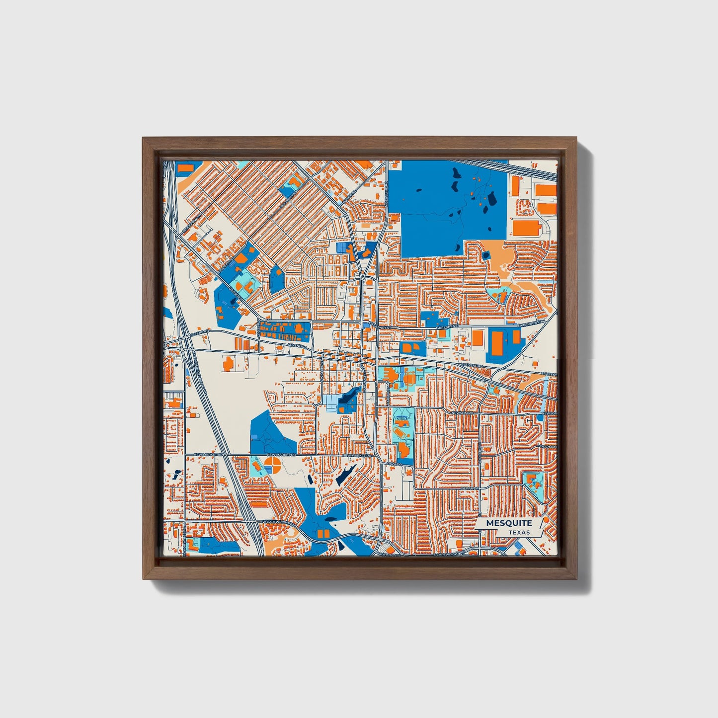 Mesquite Texas Colorful City Map Canvas Print • Dark Wooden Framed